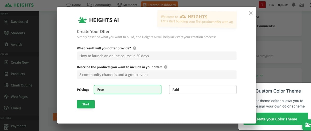 AI-driven course offer creation screen, allowing customization of pricing and included products.